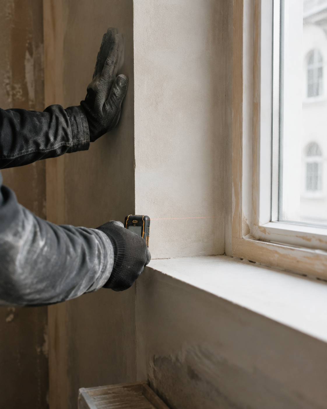 Aufmaß einer Fensterlaibung mit einem Laser-Messgerät. KI-generierte Szene.